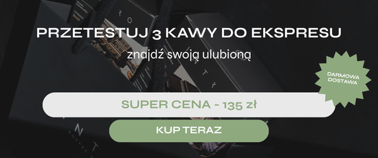Baner promujący zestaw trzech kaw specialty do ekspresu marki INTRO. Darmowa dostawa, cena promocyjna 135 zł oraz przycisk „Kup teraz”.